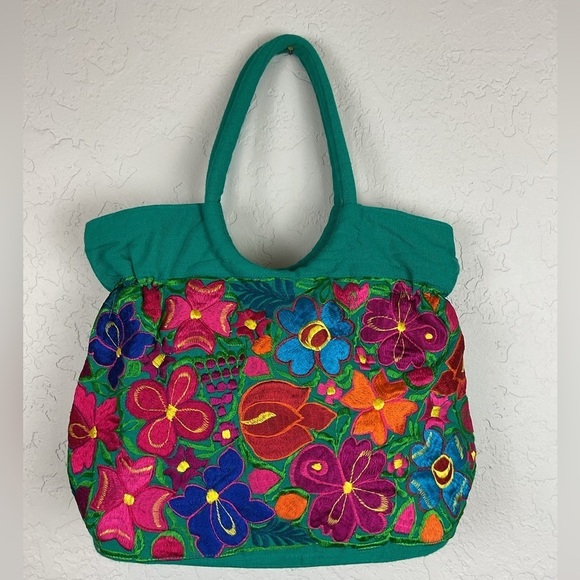 Handbags - Mexican Colorful Embroidered Floral Jewel Toned Green Zip Up Bag Boho Resort